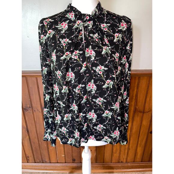 Womens Louche‎ Black Red Floral Long Sleeve Keyhole Back Zipper Blouse US Size 6 - Picture 1 of 7